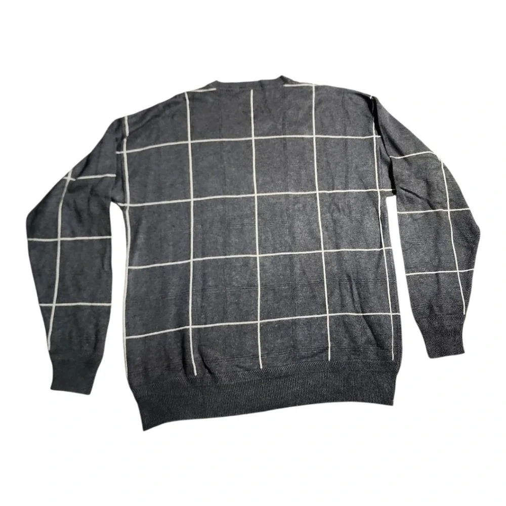 Nautica V-Neck Sweater Mens M Grey Windowpane Grid Preppy Classic Casual